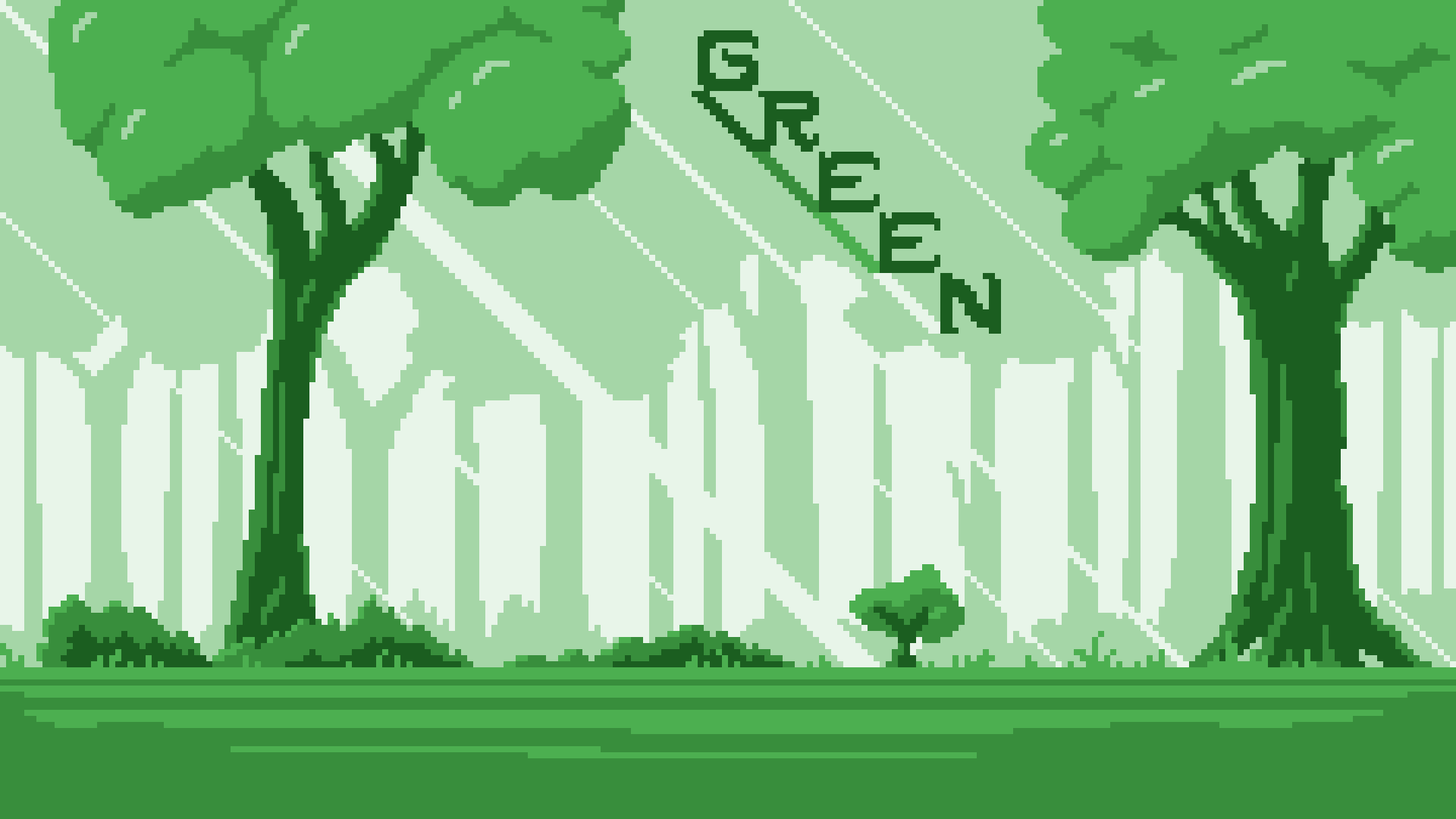 Green palette pixel art image of a forest with two trees in the foreground