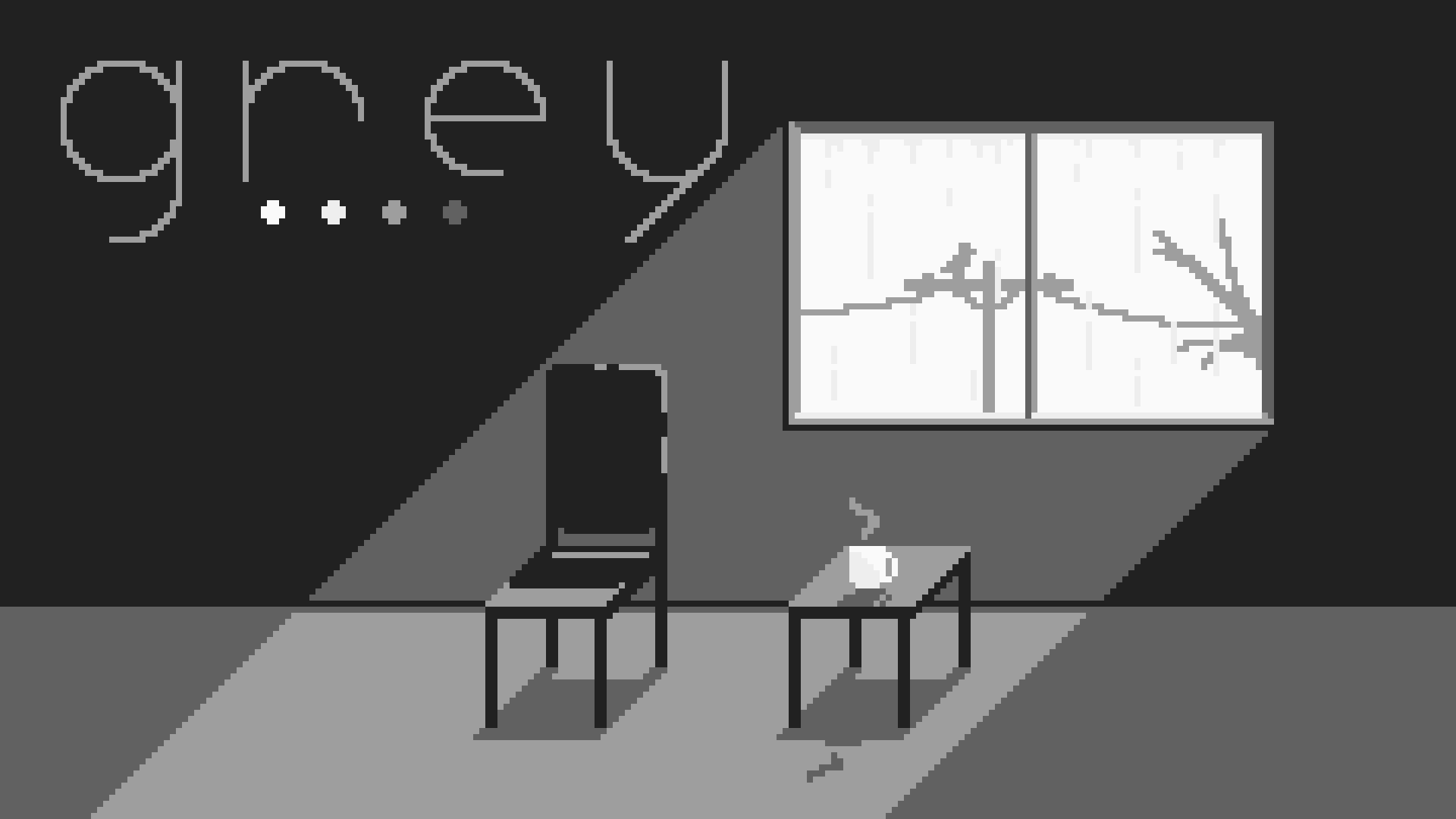 Gray palette pixel art image of a dark empty room on a rainy day