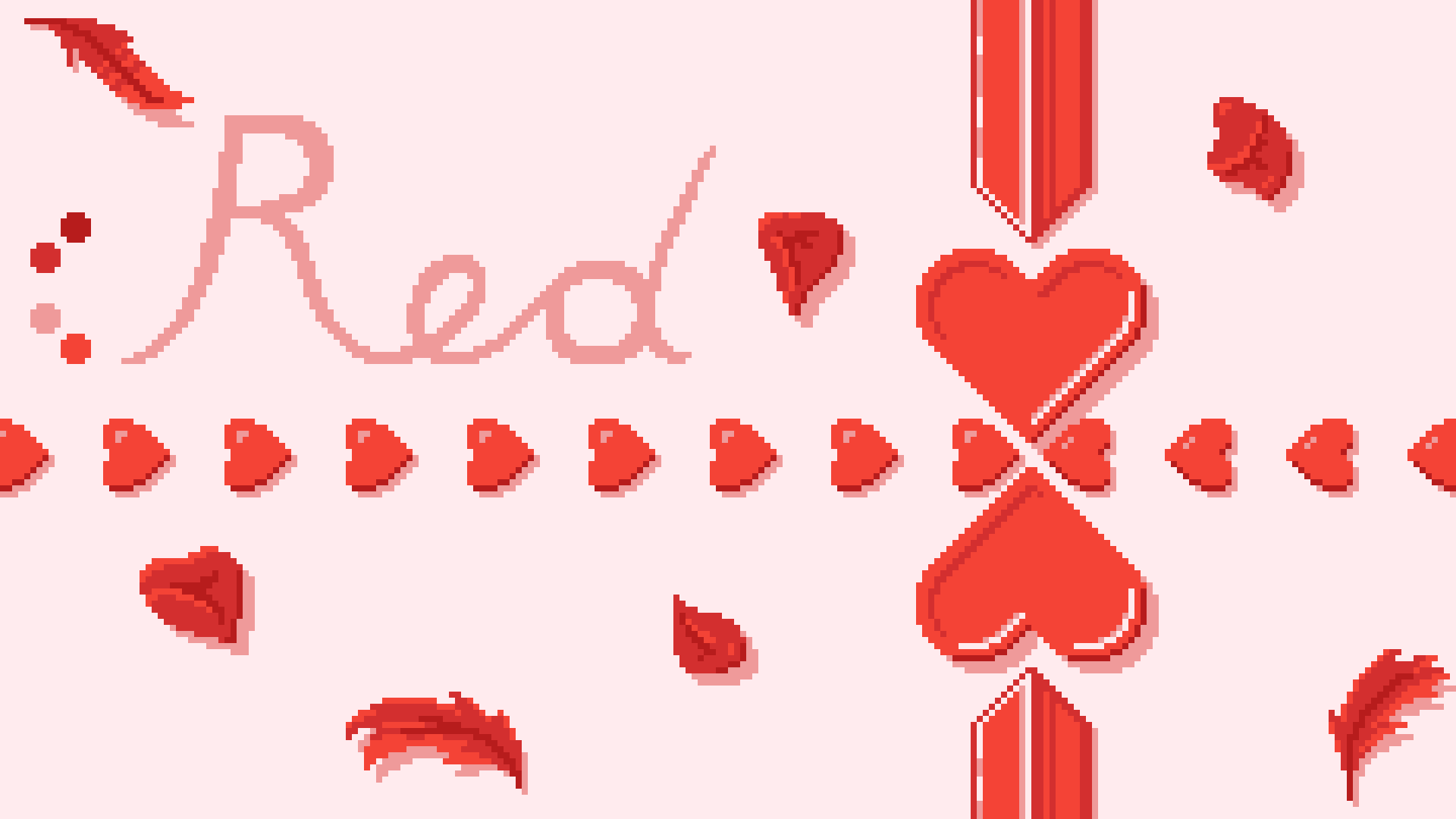 Red palette pixel art image of red hearts and feathers