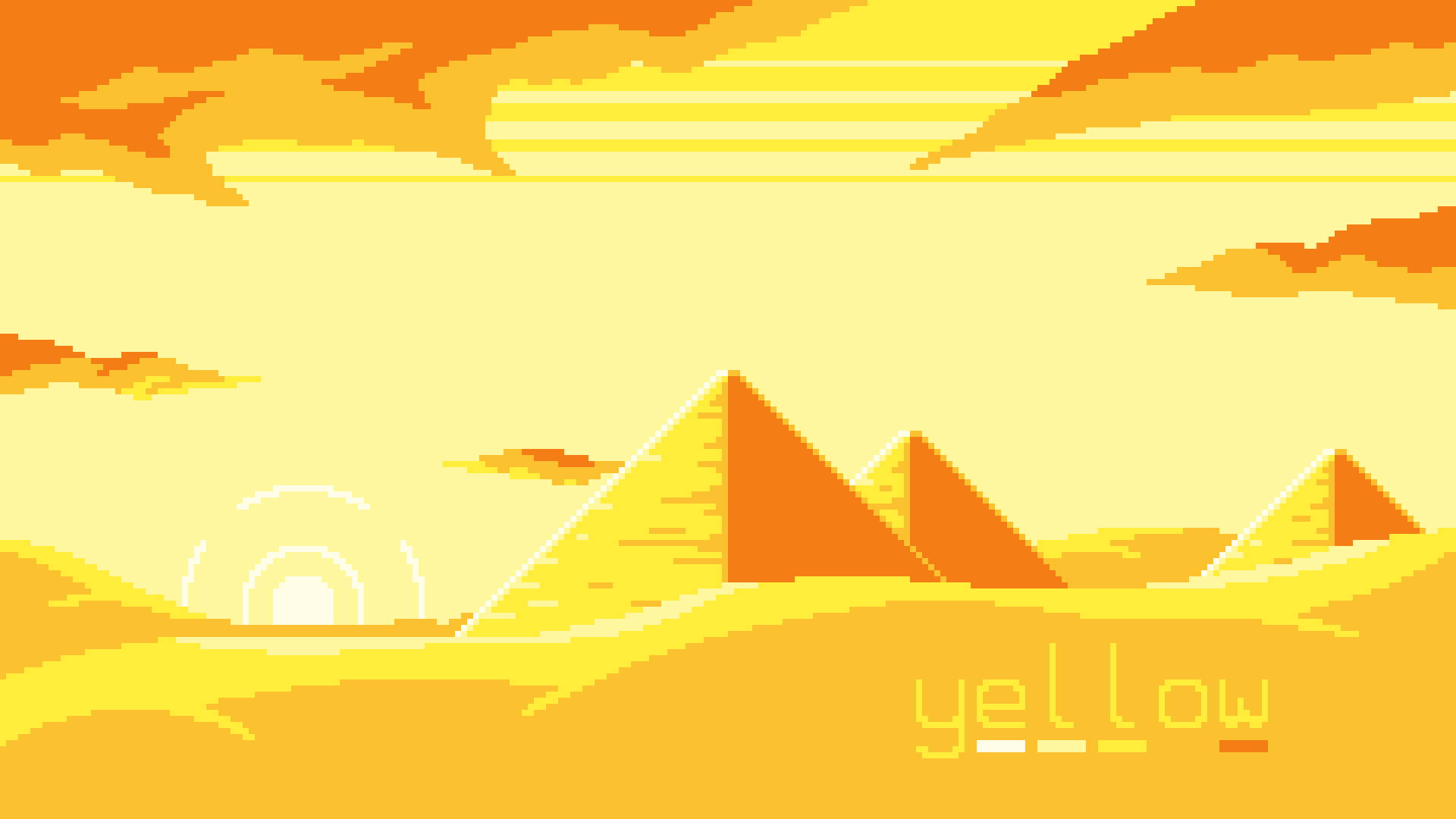 Yellow palette pixel art image of a sunset with three Egyptian pyramids in the background